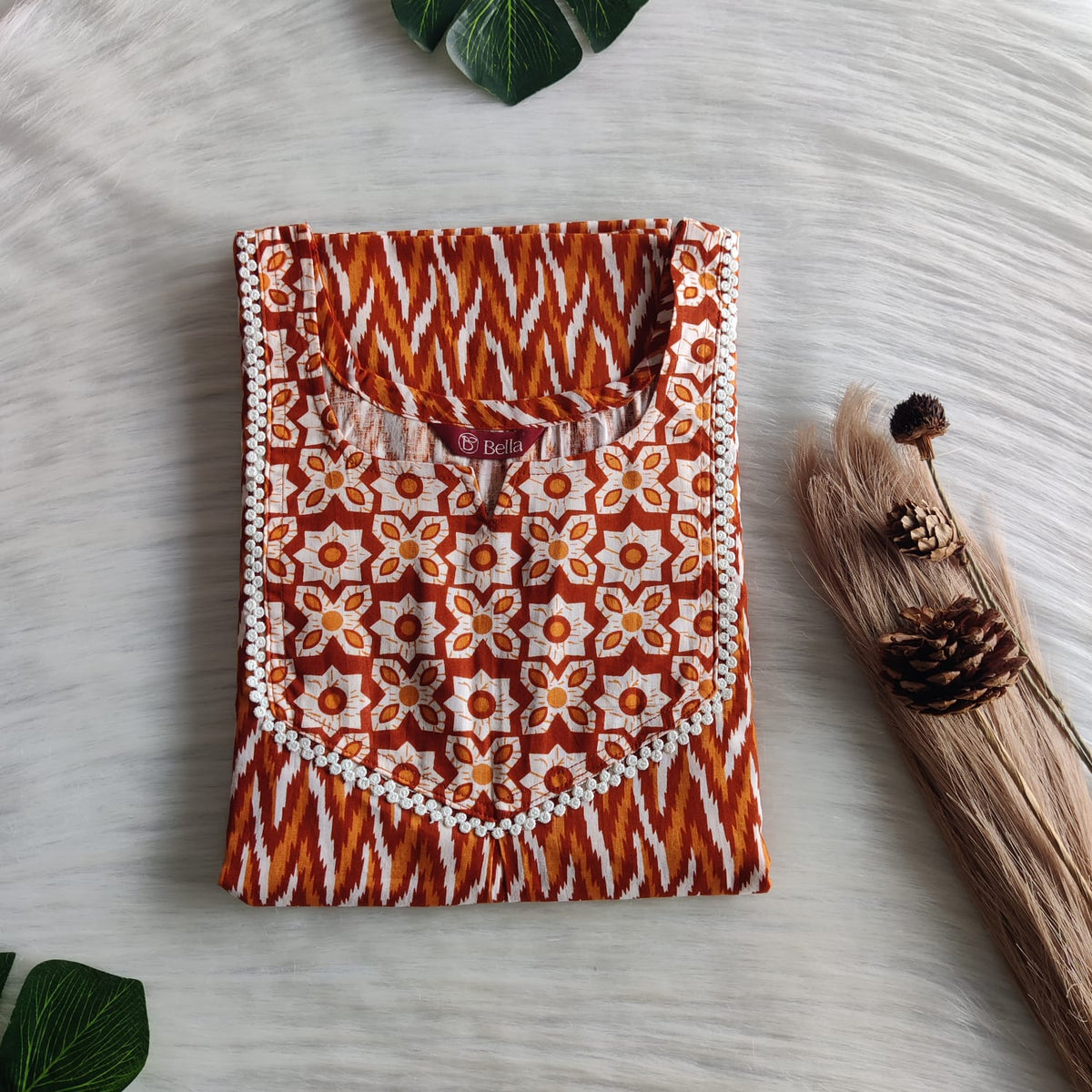 White And Orange Zig-Zag Printed Premium Cotton Mix N Match Lace Pocket Nighty | Free Size | Chest Width 44″| Length 56″