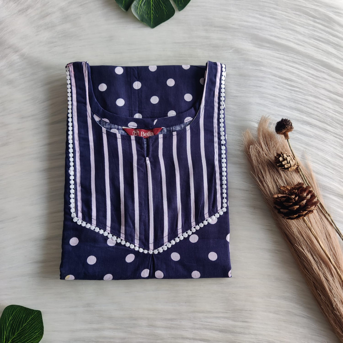 White And Navy Blue Dot Printed Premium Cotton Mix N Match Lace Pocket Nighty | Free Size | Chest Width 44″| Length 56″