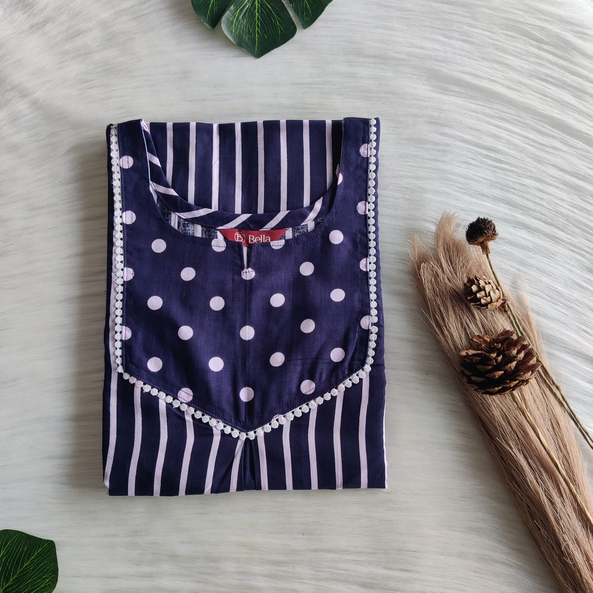 Navy Blue And White Stripes Printed Premium Cotton Mix N Match Lace Pocket Nighty | Free Size | Chest Width 44″| Length 56″