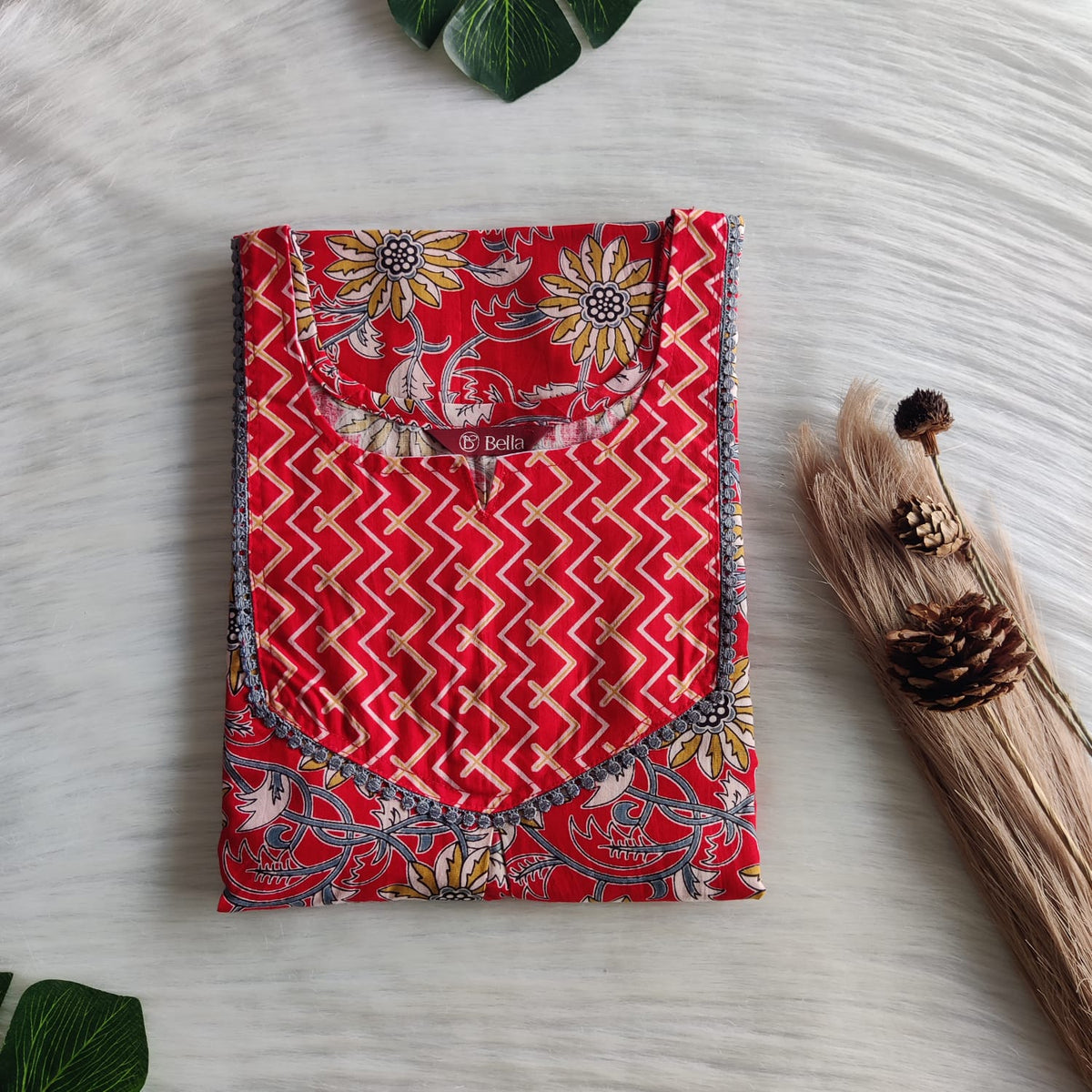Red And Yellow Floral Printed Premium Cotton Mix N Match Lace Pocket Nighty | Free Size | Chest Width 44″| Length 56″