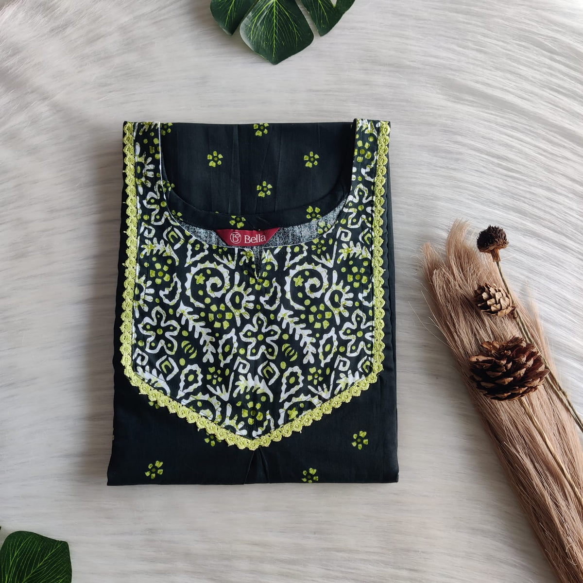 Pale And Dark Green Printed Premium Cotton Mix N Match Lace Pocket Nighty | Free Size | Chest Width 44″| Length 56″