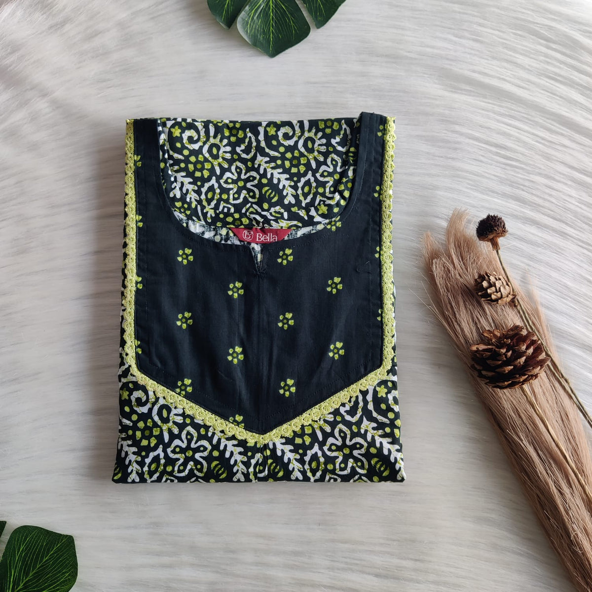 Dark And Pale Green Printed Premium Cotton Mix N Match Lace Pocket Nighty | Free Size | Chest Width 44″| Length 56″