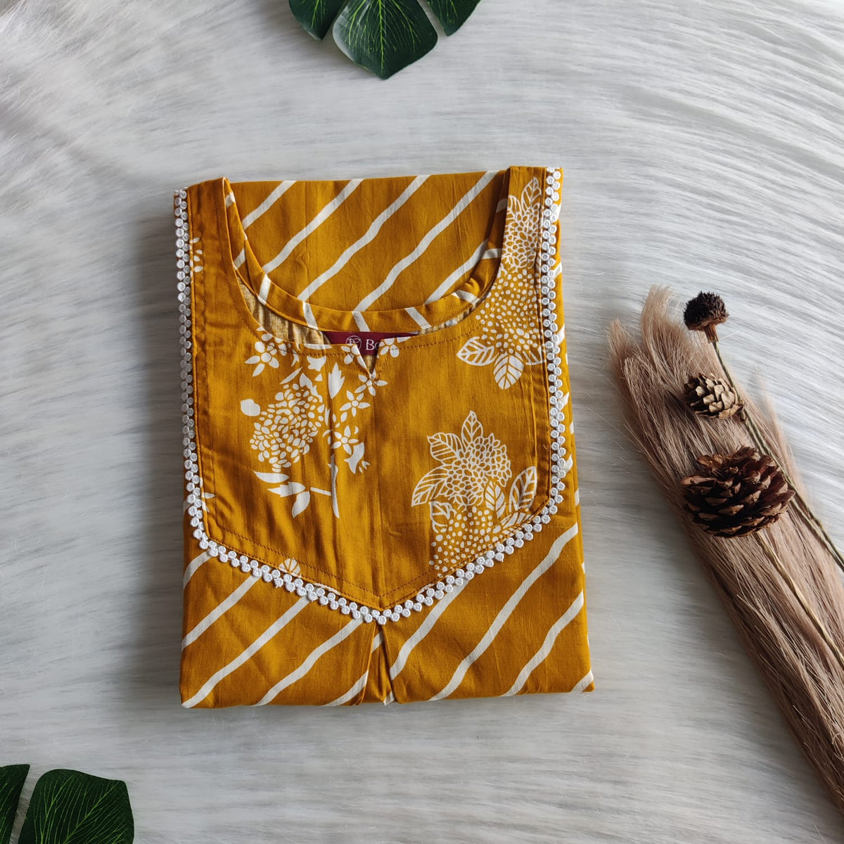 Mustard Yellow And White Stripes Printed Premium Cotton Mix N Match Lace Pocket Nighty | Free Size | Chest Width 44″| Length 56″