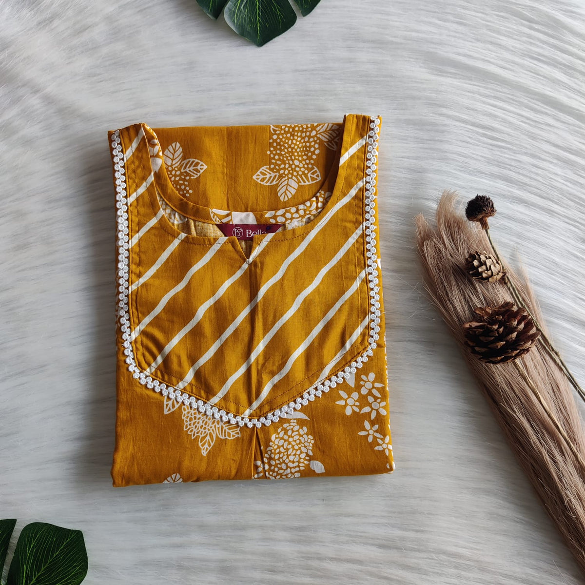 White And Mustard Yellow Floral Printed Premium Cotton Mix N Match Lace Pocket Nighty | Free Size | Chest Width 44″| Length 56″