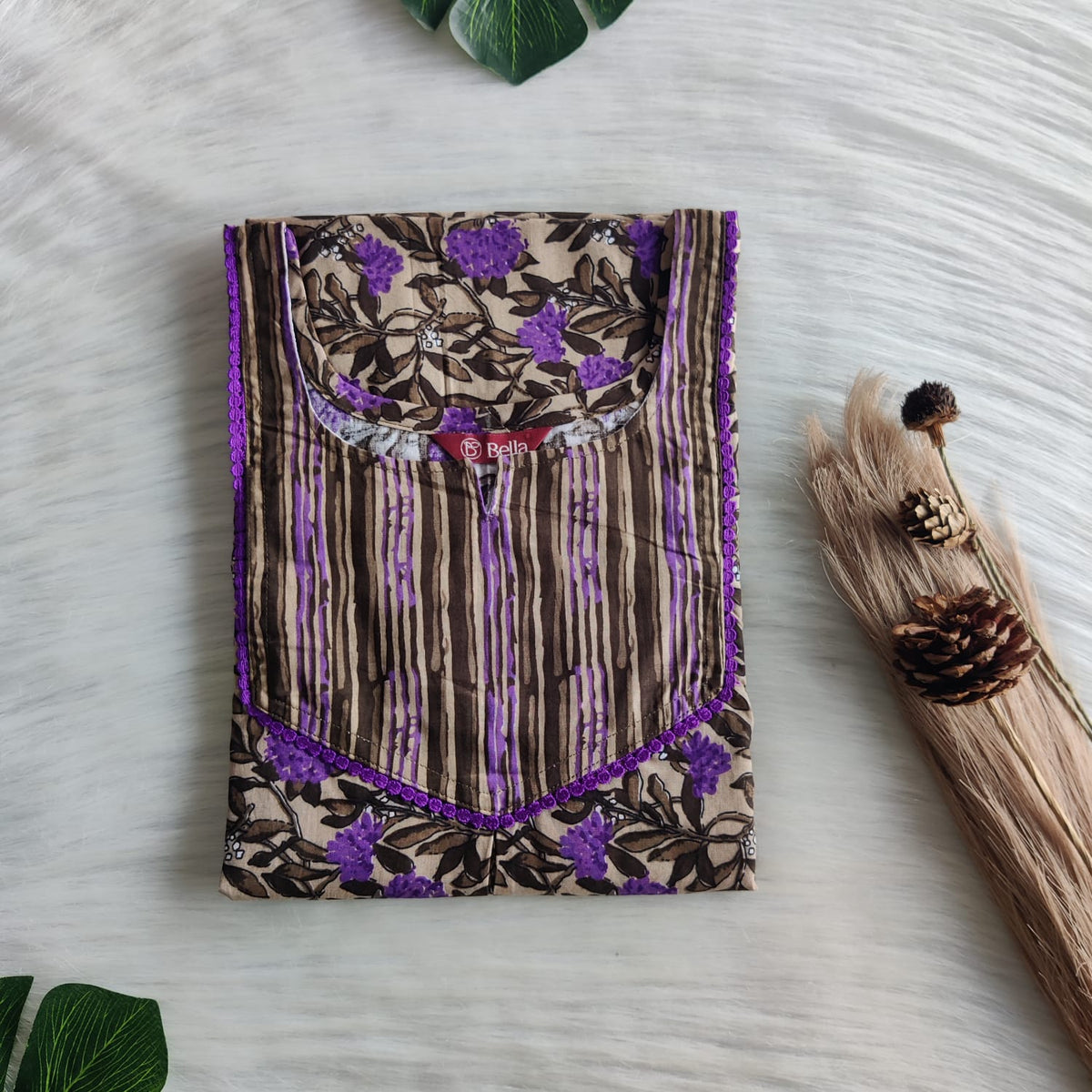 Beige And Purple Floral Printed Premium Cotton Mix N Match Lace Pocket Nighty | Free Size | Chest Width 44″| Length 56″