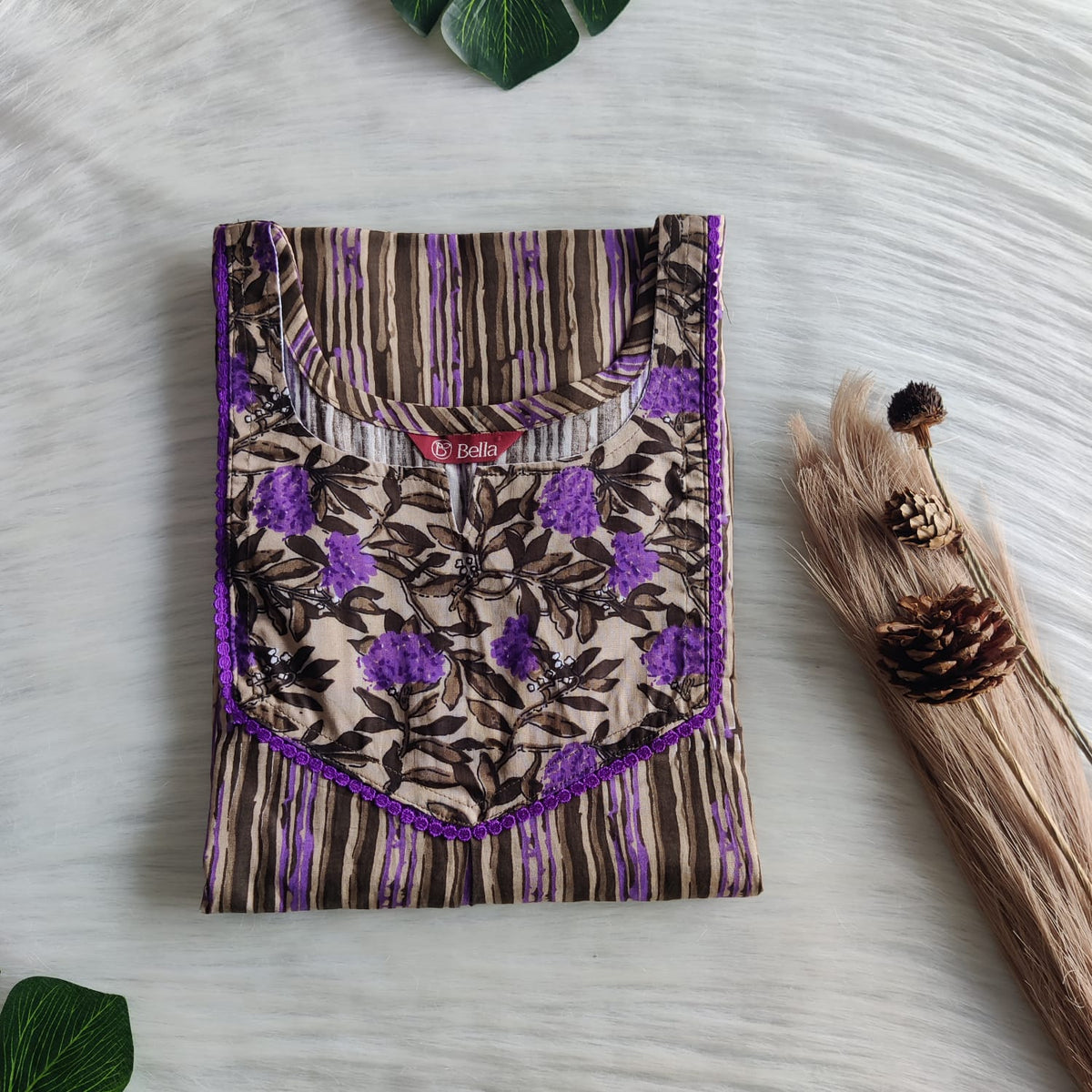 Purple And Beige Stripes Printed Premium Cotton Mix N Match Lace Pocket Nighty | Free Size | Chest Width 44″| Length 56″