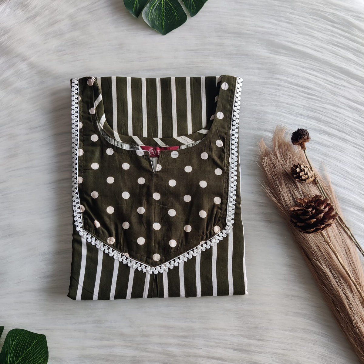 Olive Green And White Stripes Printed Premium Cotton Mix N Match Lace Pocket Nighty | Free Size | Chest Width 44″| Length 56″
