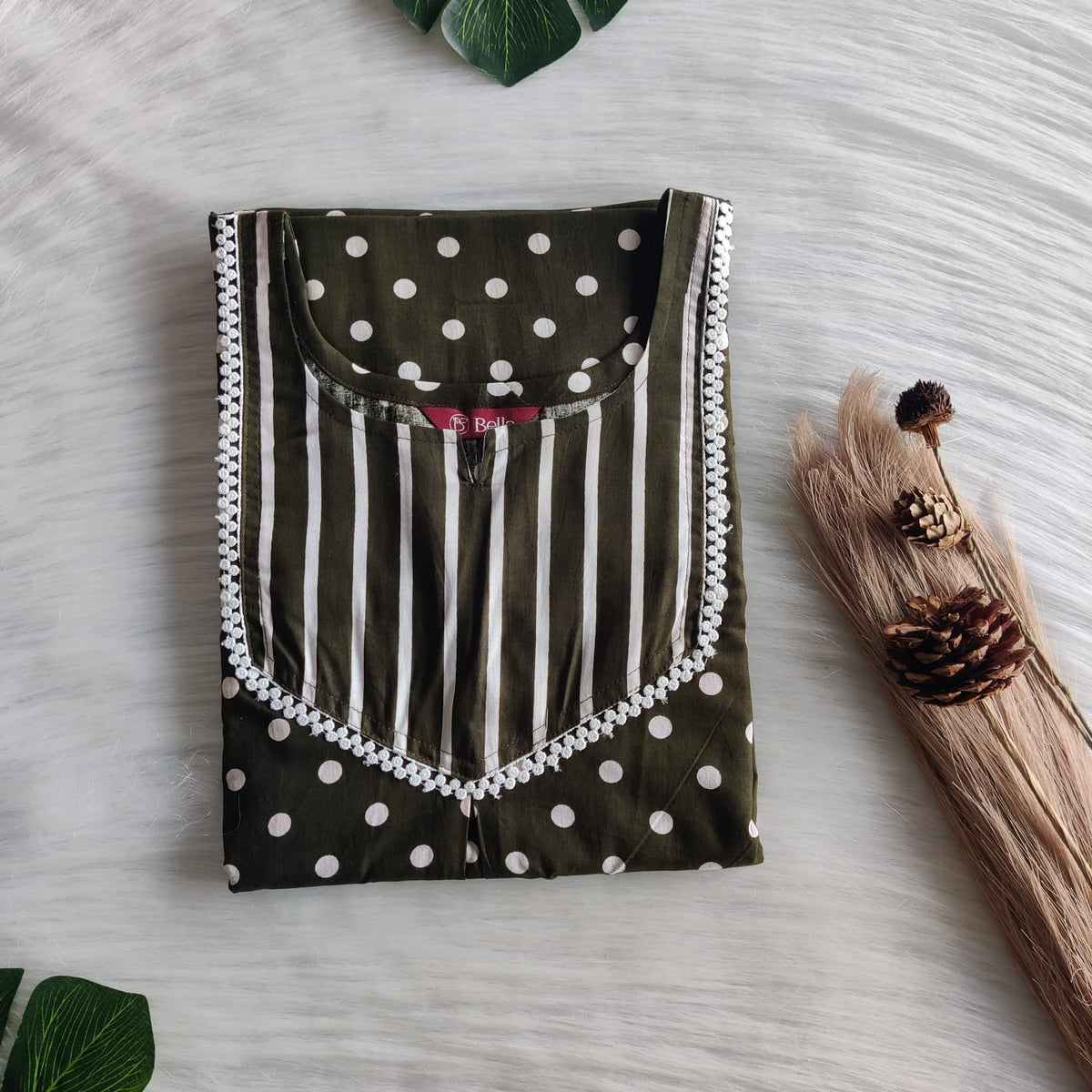 White And Olive Green Dot Printed Premium Cotton Mix N Match Lace Pocket Nighty | Free Size | Chest Width 44″| Length 56″