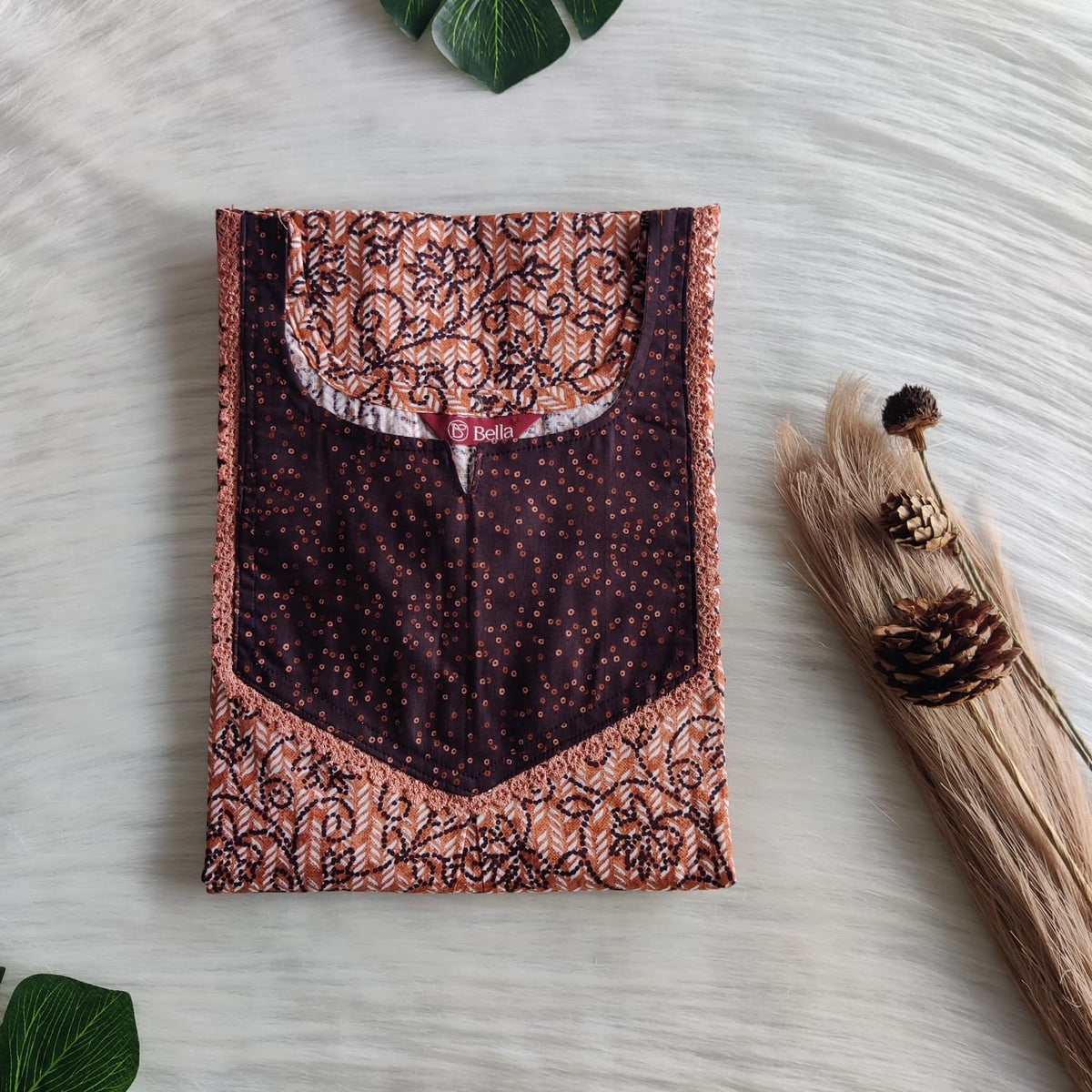 Dark And Pale Brown Printed Premium Cotton Mix N Match Lace Pocket Nighty | Free Size | Chest Width 44″| Length 56″