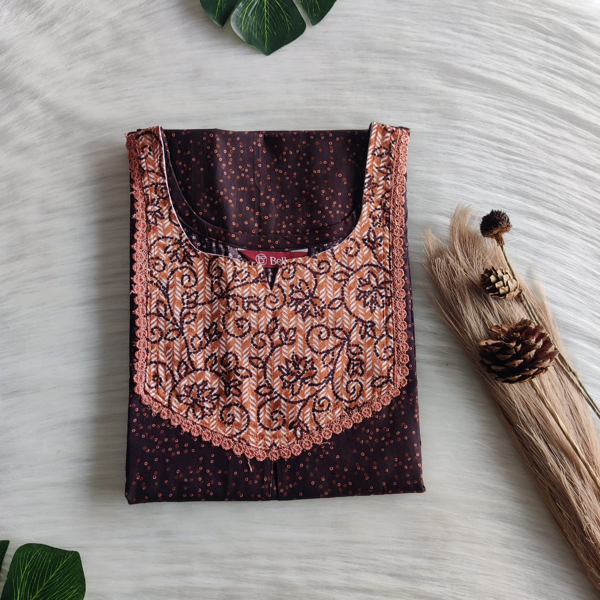 Pale And Dark Brown Printed Premium Cotton Mix N Match Lace Pocket Nighty | Free Size | Chest Width 44″| Length 56″