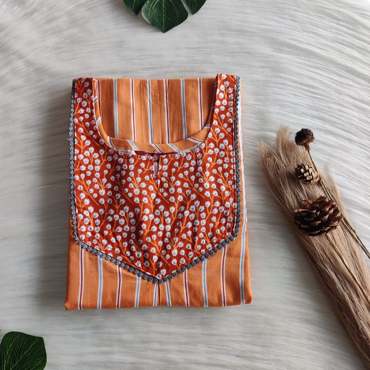 Brown And Orange Stripes Printed Premium Cotton Mix N Match Lace Pocket Nighty | Free Size | Chest Width 44″| Length 56″