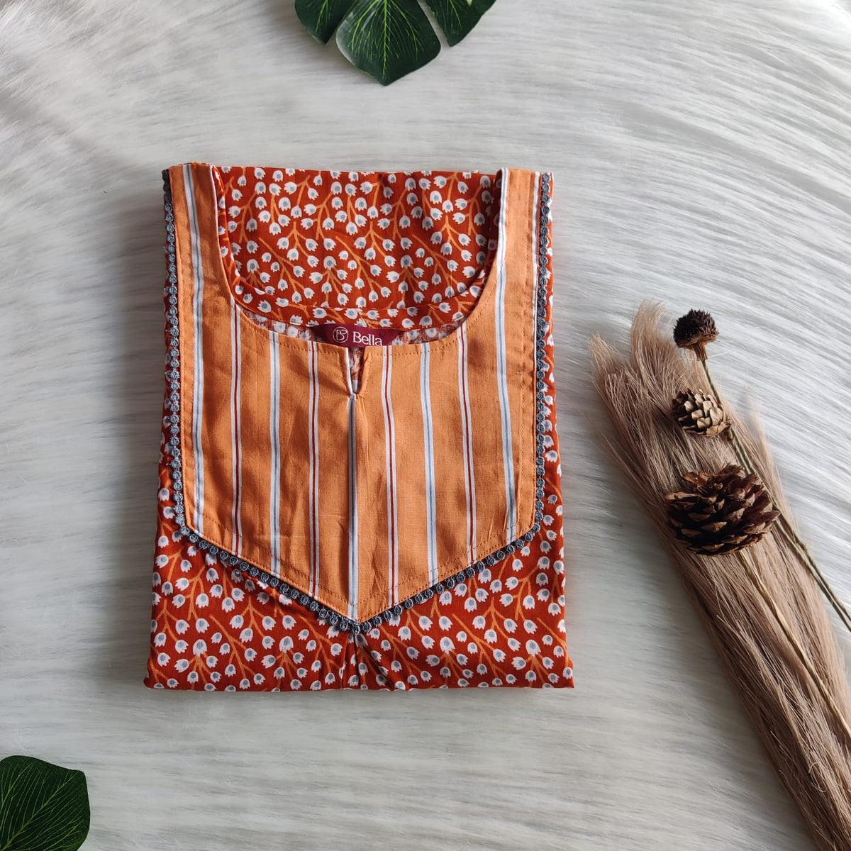 Orange And Brown Floral Printed Premium Cotton Mix N Match Lace Pocket Nighty | Free Size | Chest Width 44″| Length 56″