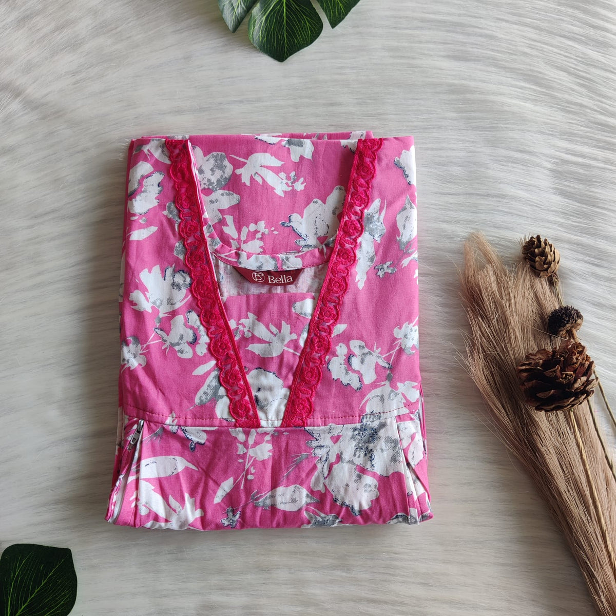 White Floral Printed Pink Premium Cotton Two Side Vertical Lace Zip Feeding Nighty | Free Size | Chest Width 44″| Length 56″