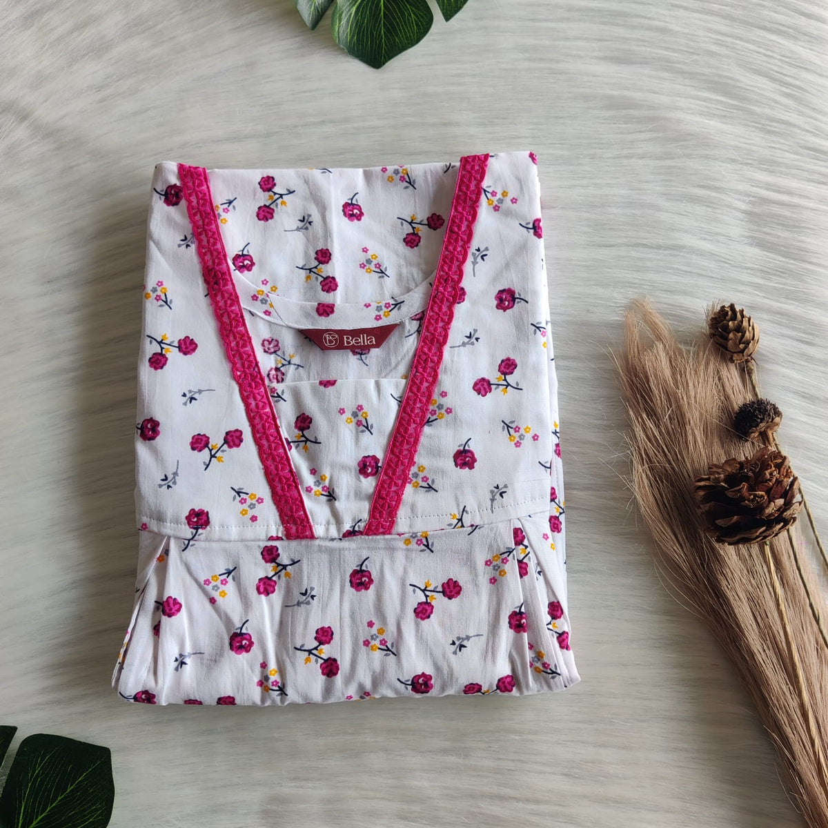 Pink Floral Printed White Premium Cotton Two Side Vertical Lace Zip Feeding Nighty | Free Size | Chest Width 44″| Length 56″