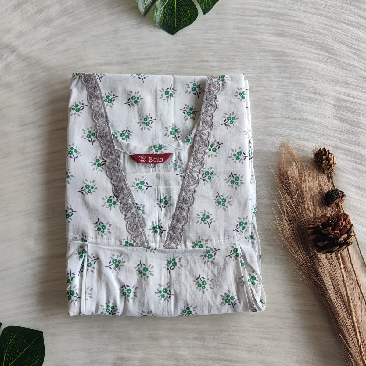 Green Floral Printed White Premium Cotton Two Side Vertical Lace Zip Feeding Nighty | Free Size | Chest Width 44″| Length 56″