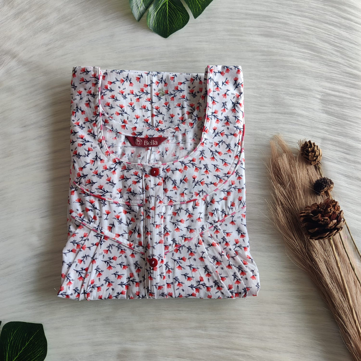 Red Floral Printed White Premium Cotton Long Zip Pleated Nighty | Chest Width 44″ | Length 56″
