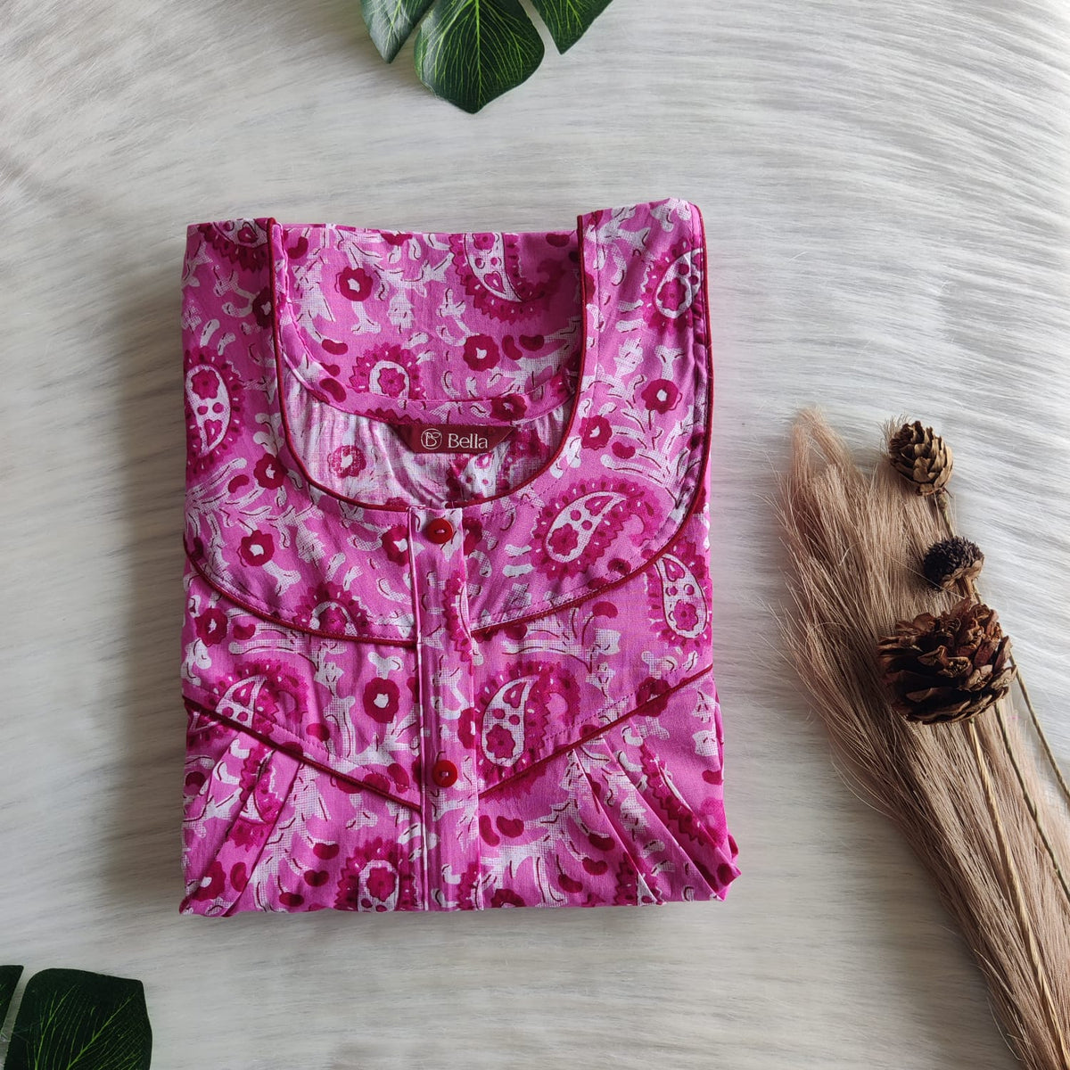 Pink Kalamkari Printed Premium Cotton Long Zip Pleated Nighty | Chest Width 44″ | Length 56″