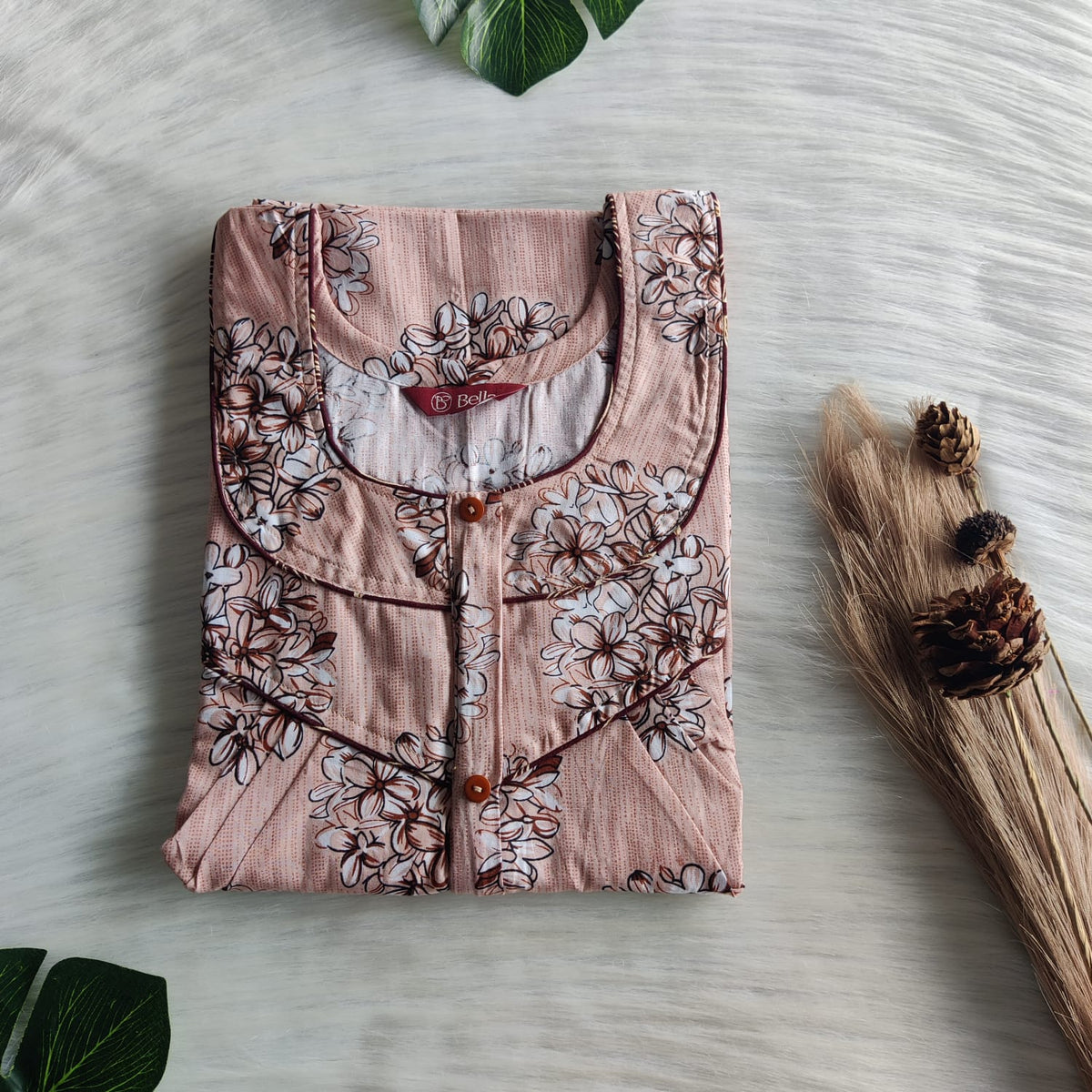 Pastel Brown Floral Printed Premium Cotton Long Zip Pleated Nighty | Chest Width 44″ | Length 56″