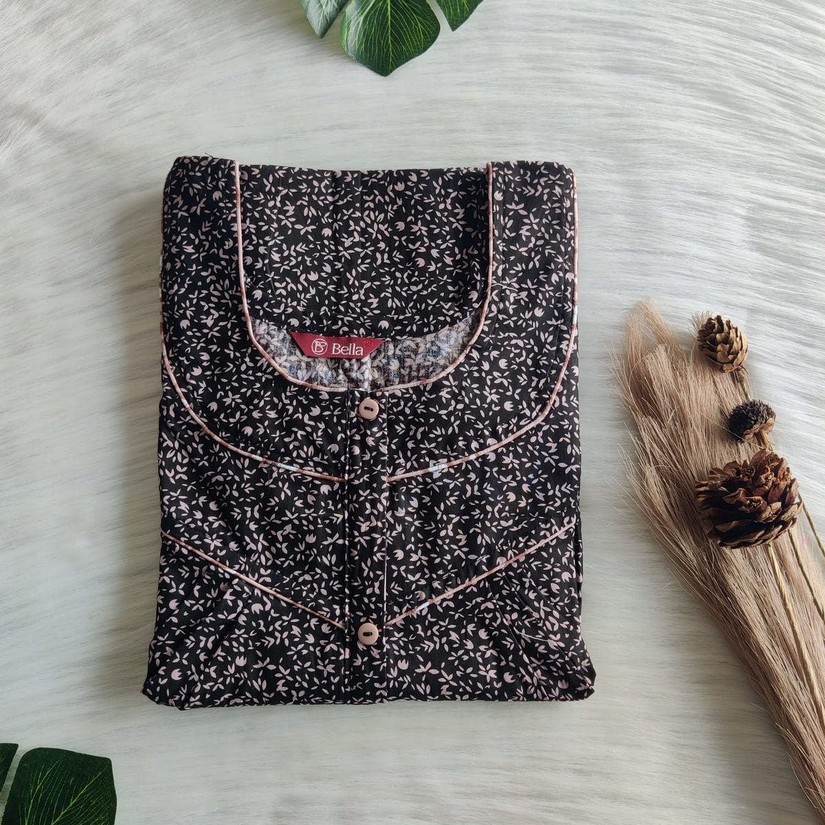 Brown Floral Printed Black Premium Cotton Long Zip Pleated Nighty | Chest Width 44″ | Length 56″