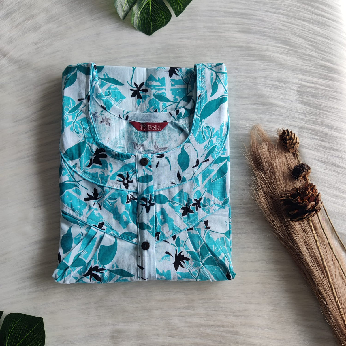 Blue Leaf Printed Premium Cotton Long Zip Pleated Nighty | Chest Width 44″ | Length 56″