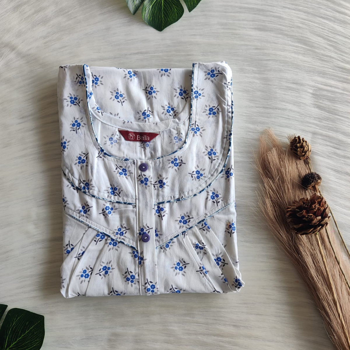 Navy Blue Floral Printed White Premium Cotton Long Zip Pleated Nighty | Chest Width 44″ | Length 56″