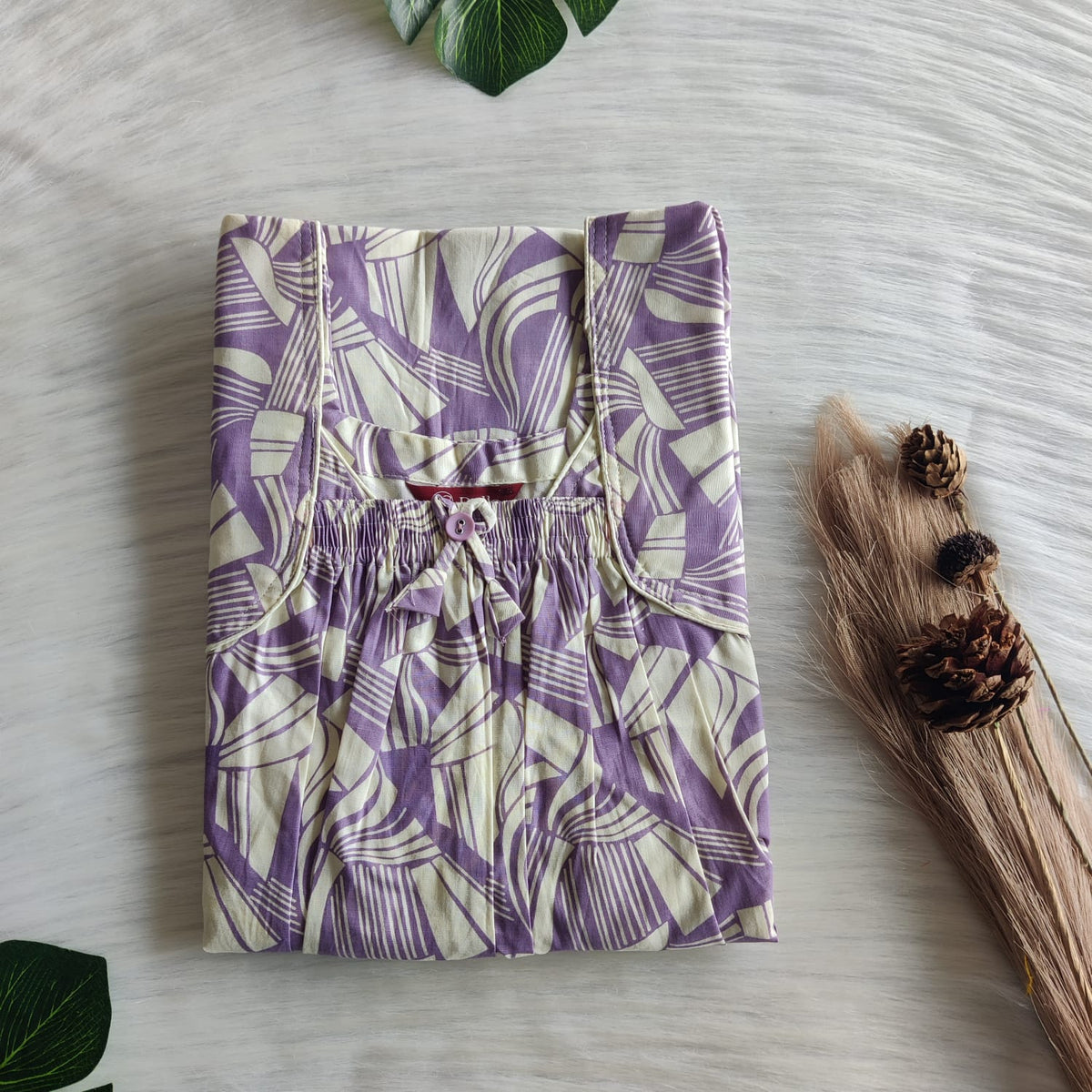 Lavender Printed Premium Cotton Front Elastic Pleated Nighty | Free Size | Chest Width 44″| Length 56″