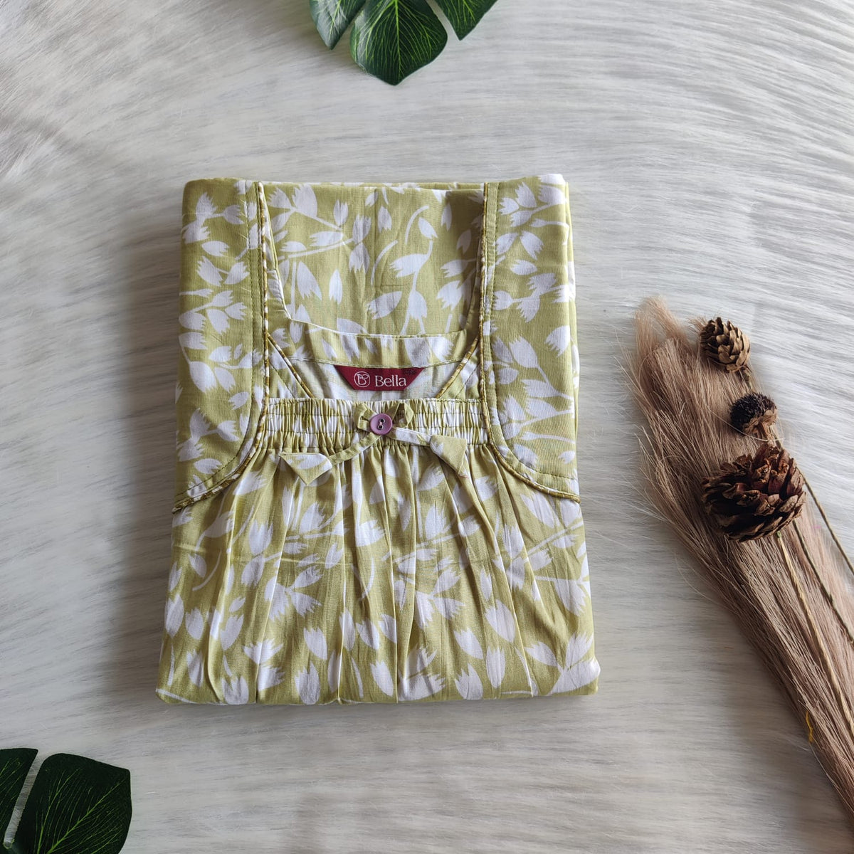 Green Floral Premium Cotton Front Elastic Pleated Nighty | Free Size | Chest Width 44″| Length 56″
