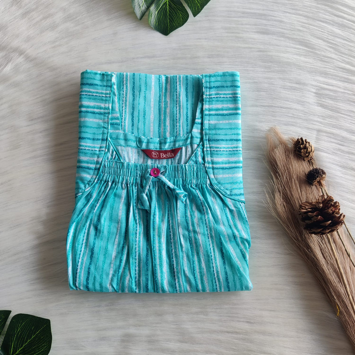 Blue Premium Cotton Front Elastic Pleated Nighty | Free Size | Chest Width 44″| Length 56″