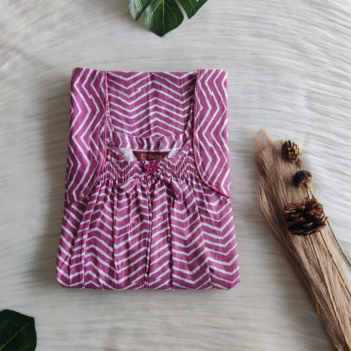 Mauve Zig-Zag Printed Premium Cotton Front Elastic Pleated Nighty | Free Size | Chest Width 44″| Length 56″