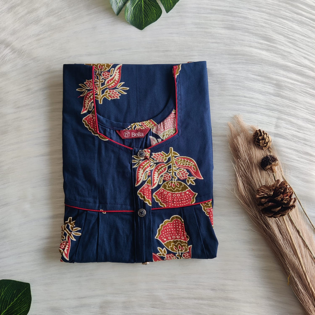 Red Floral Printed Navy Blue Pure Cotton Plus Size Button Zip Nighty | Chest Width 50″| Length 55″-56″
