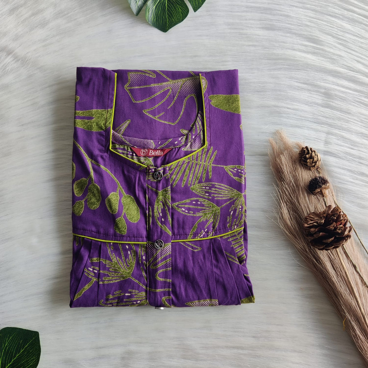 Green Leaf Printed Purple Pure Cotton Button Zip Nighty | Free Size | Chest Width 44″| Length 55″-56″
