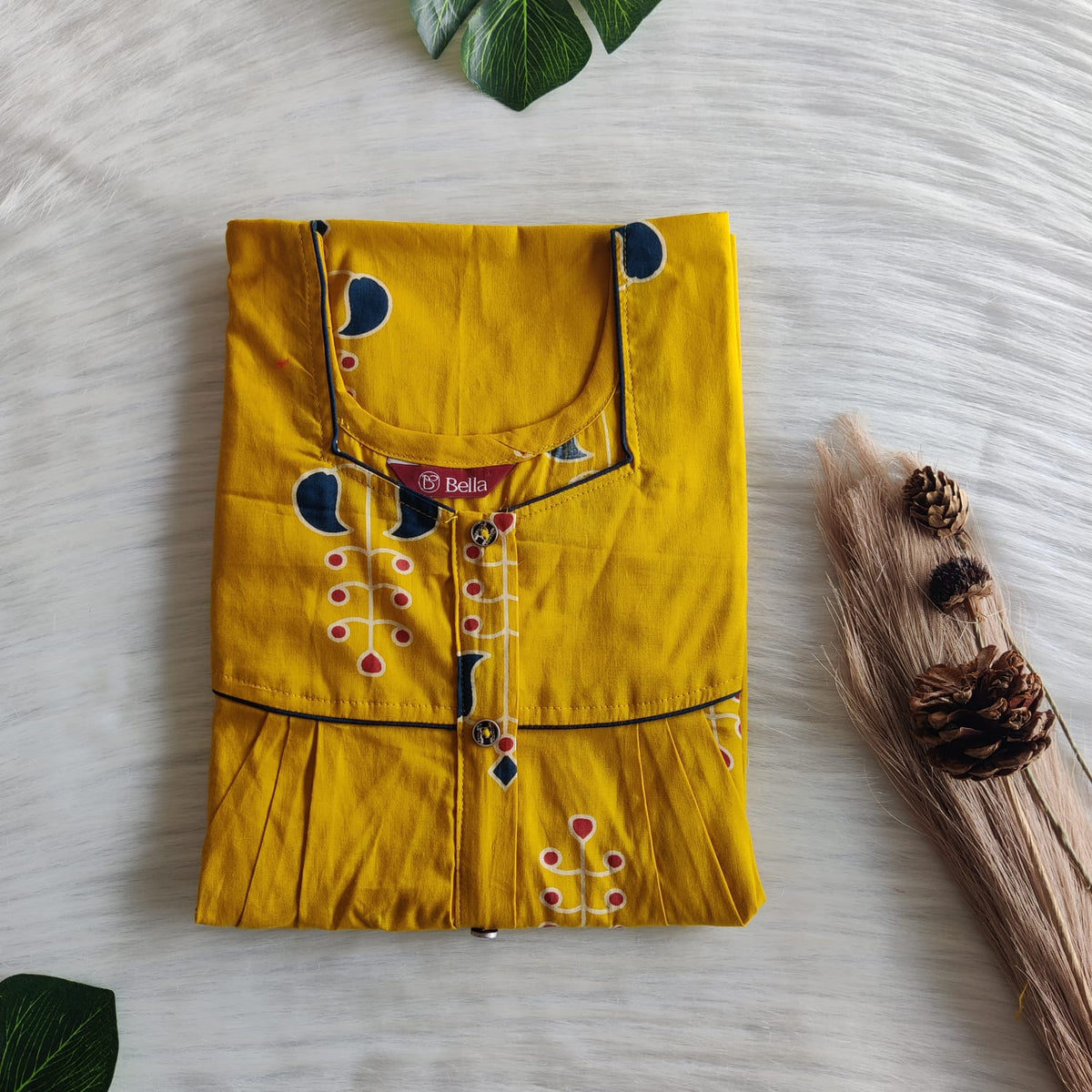 Mustard Yellow Printed Pure Cotton Plus Size Button Zip Nighty | Chest Width 50″| Length 55″-56″
