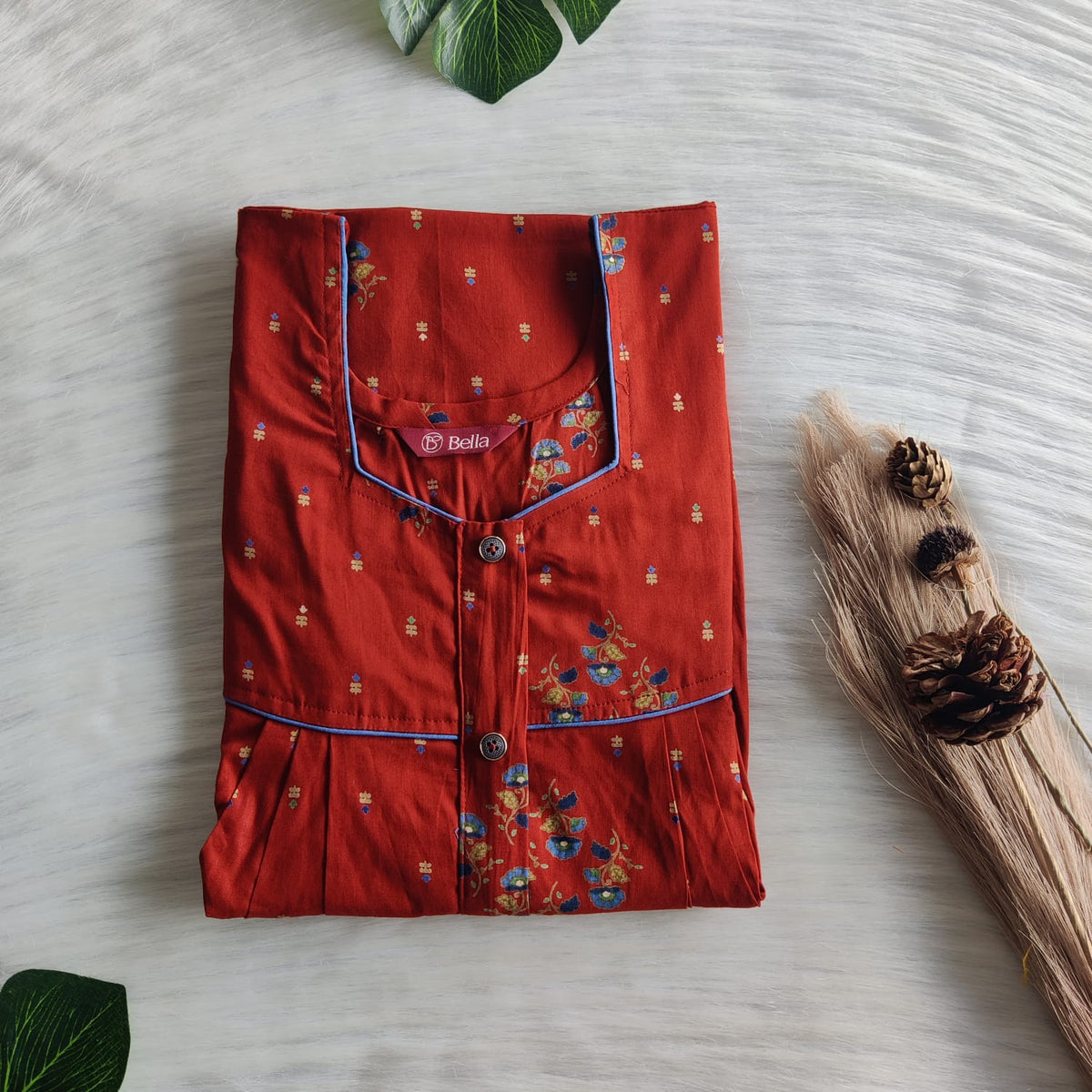Rust Orange Printed Pure Cotton Button Zip Nighty | Free Size | Chest Width 44″| Length 55″-56″