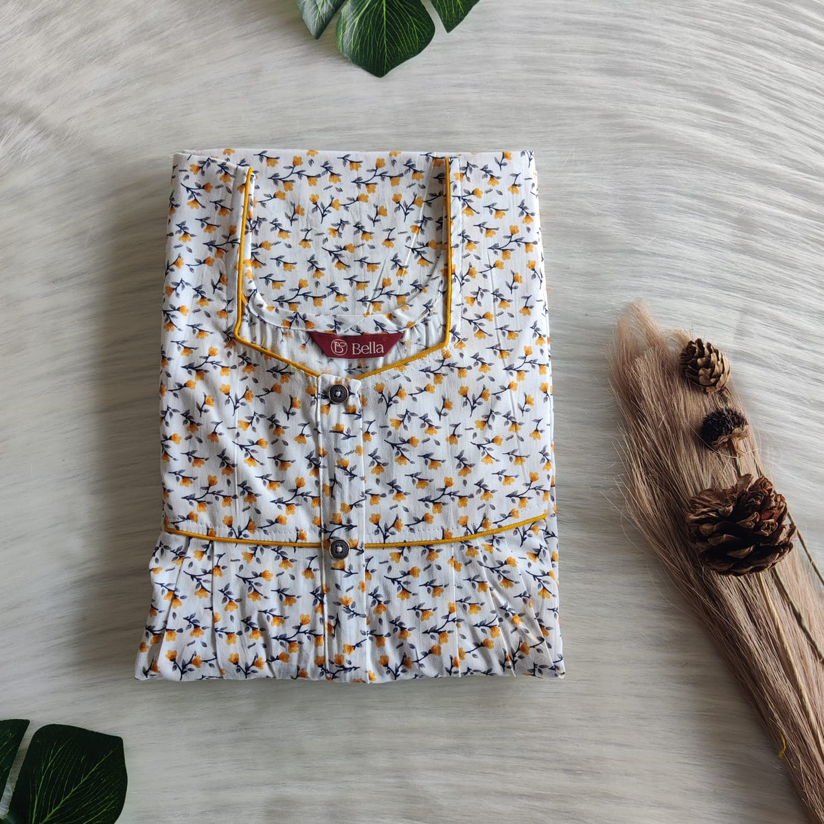 Yellow Floral Printed White Premium Cotton Button Zip Nighty | Free Size | Chest Width 44″| Length 55″-56|