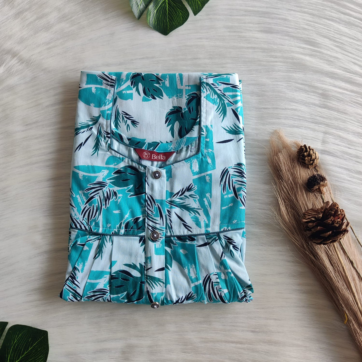 Blue Leaf Printed Premium Cotton Button Zip Nighty | Free Size | Chest Width 44″| Length 55″-56|