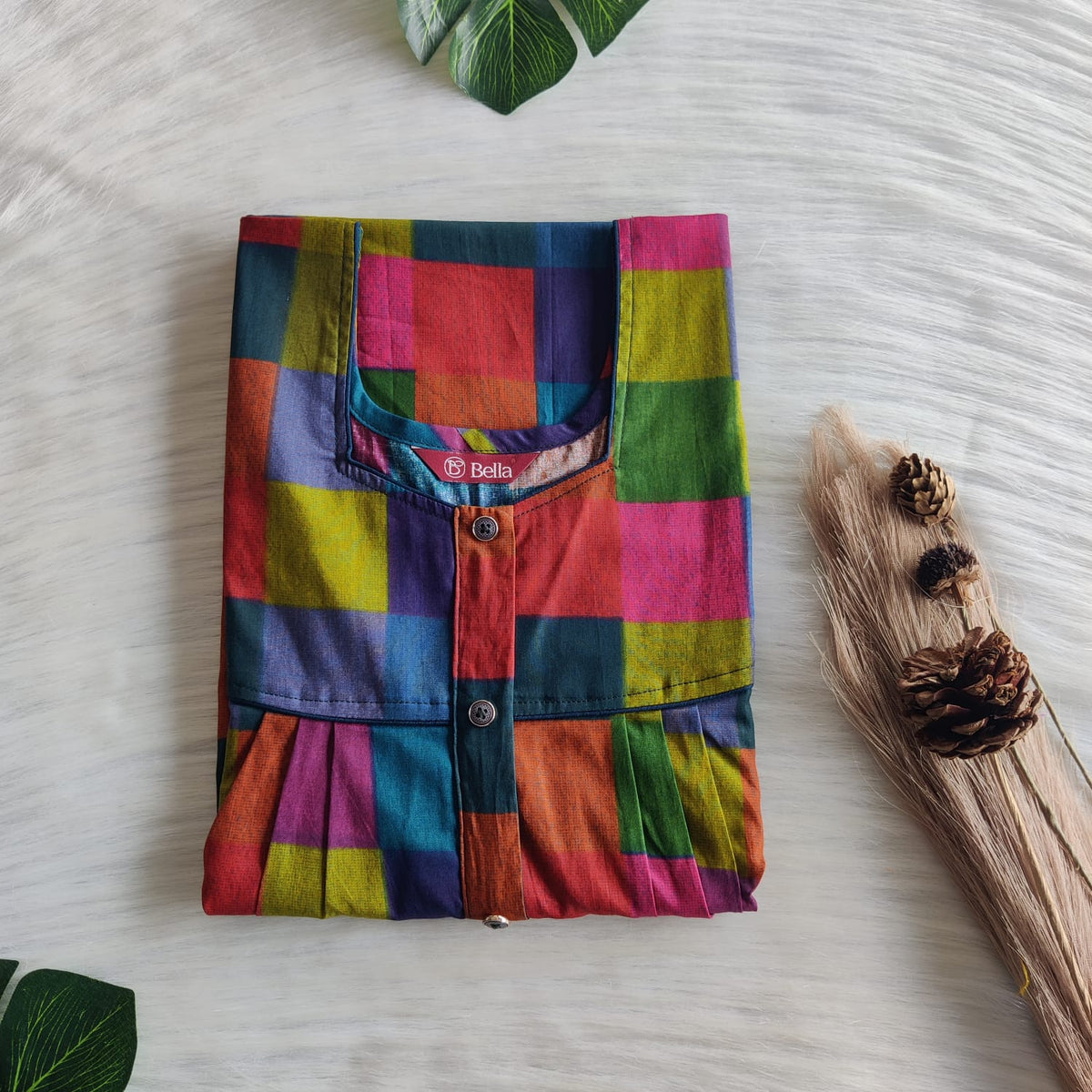 Madras Check Printed Premium Cotton Button Zip Nighty | Free Size | Chest Width 44″| Length 55″-56