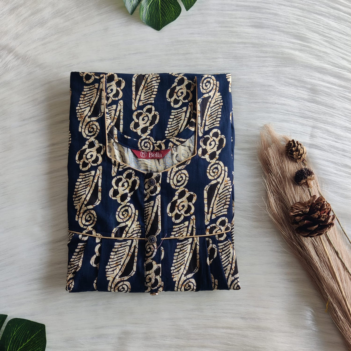Cream Printed Navy Blue Premium Cotton Button Zip Nighty | Free Size | Chest Width 44″| Length 55″-56