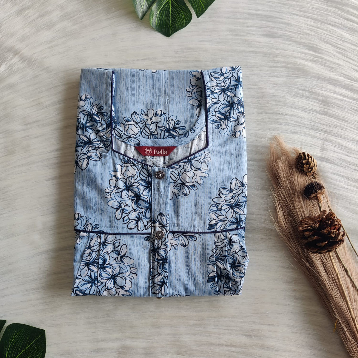 Pastel Blue Floral Printed Premium Cotton Button Zip Nighty | Free Size | Chest Width 44″| Length 55″-56