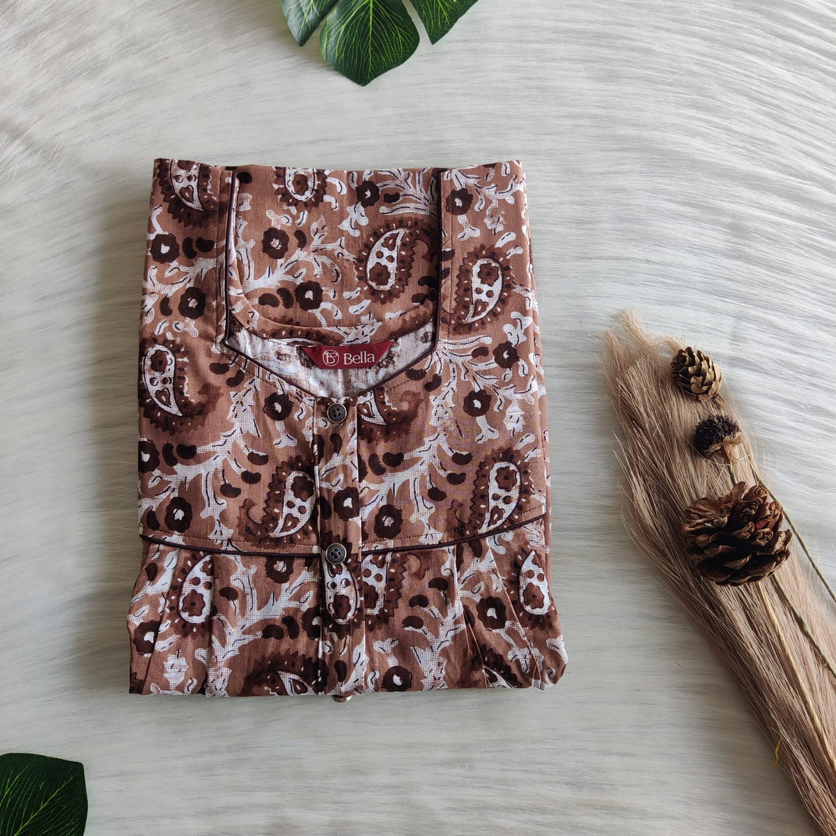 Brown Kalamkari Printed Premium Cotton Button Zip Nighty | Free Size | Chest Width 44″| Length 55″-56