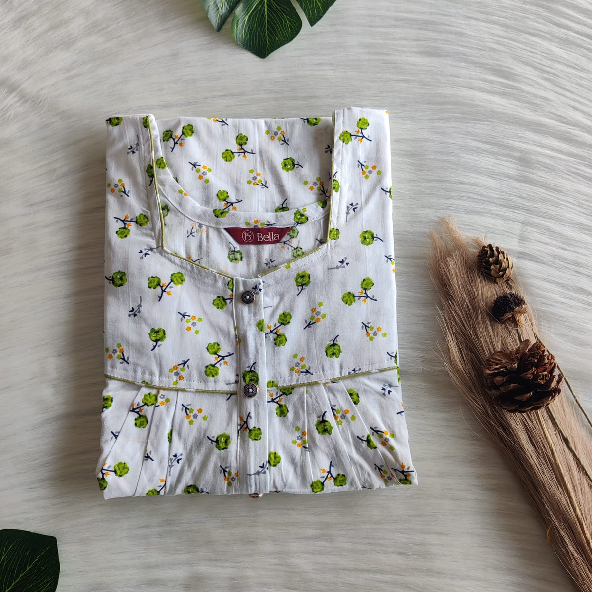 Green Floral Printed White Premium Cotton Button Zip Nighty | Free Size | Chest Width 44″| Length 55″-56