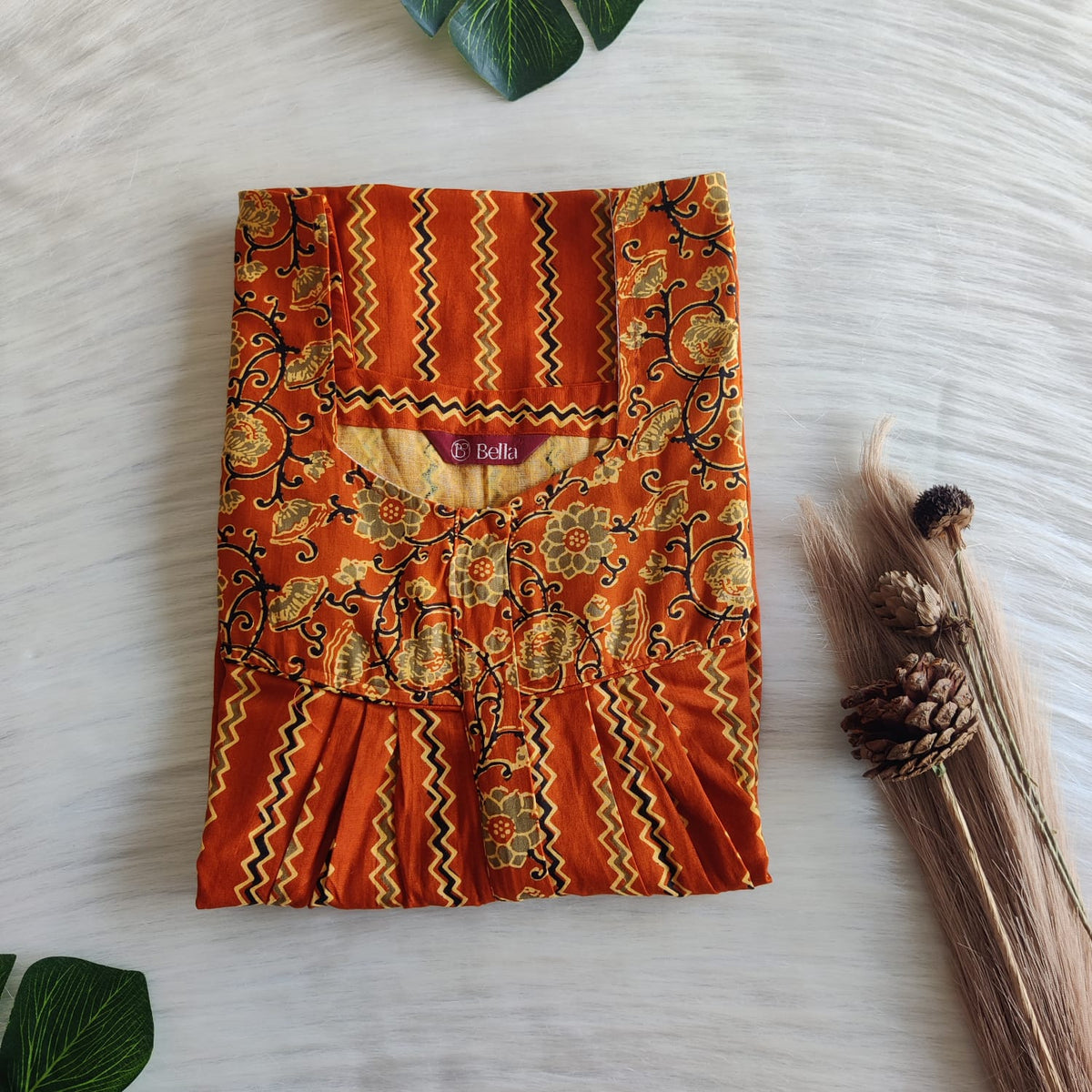 Yellow And Burned Orange Zig-Zag Printed Premium Cotton Square Neck Pleated Nighty | Free Size | Chest Width 44″| Length 55″-56″