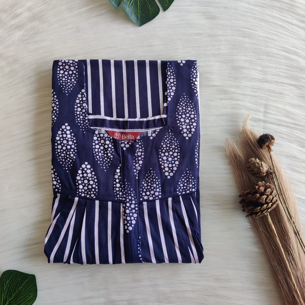Navy Blue And White Stripes Printed Premium Cotton Square Neck Pleated Nighty | Free Size | Chest Width 44″| Length 55″-56″