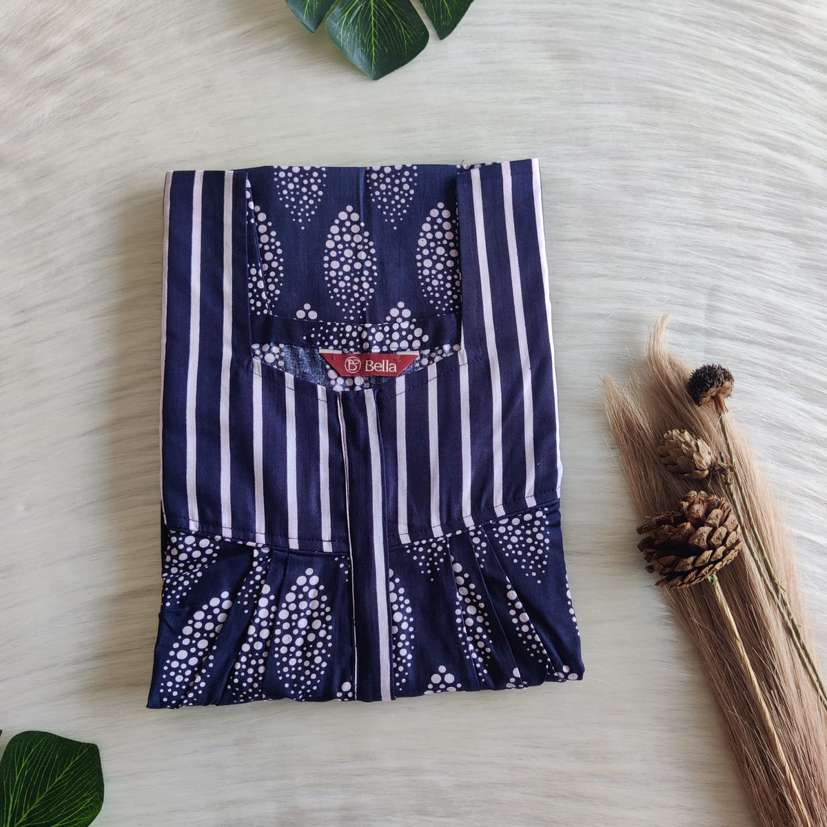White And Navy Blue Printed Premium Cotton Square Neck Pleated Nighty | Free Size | Chest Width 44″| Length 55″-56″