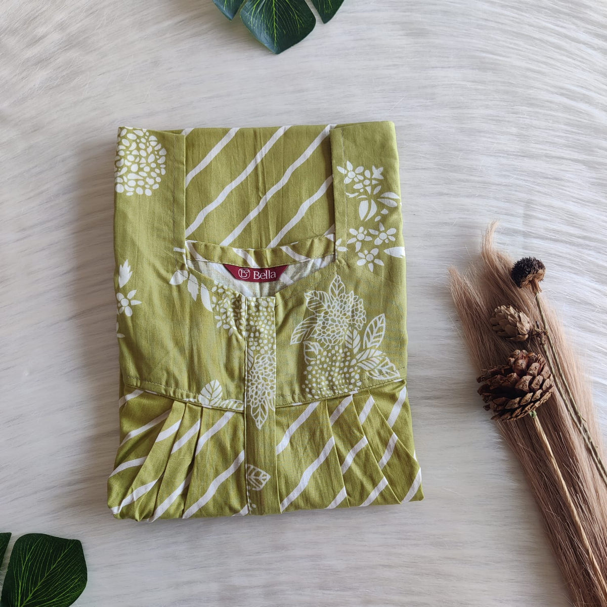 Green And White Stripes Printed Premium Cotton Square Neck Pleated Nighty | Free Size | Chest Width 44″| Length 55″-56″