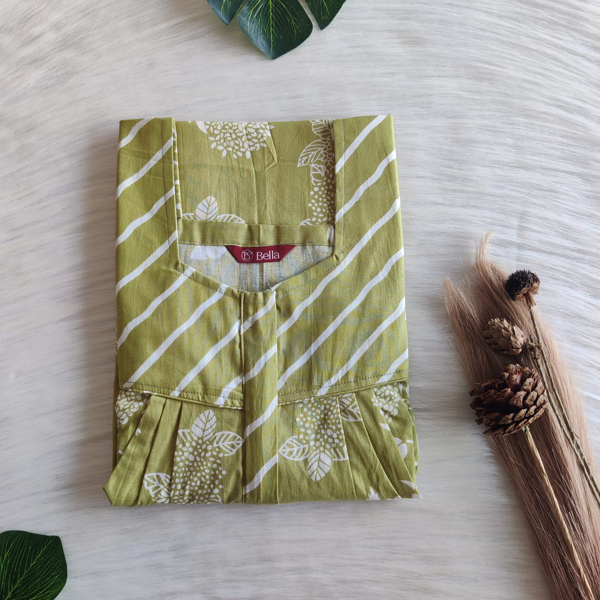 White And Green Printed Premium Cotton Square Neck Pleated Nighty | Free Size | Chest Width 44″| Length 55″-56″