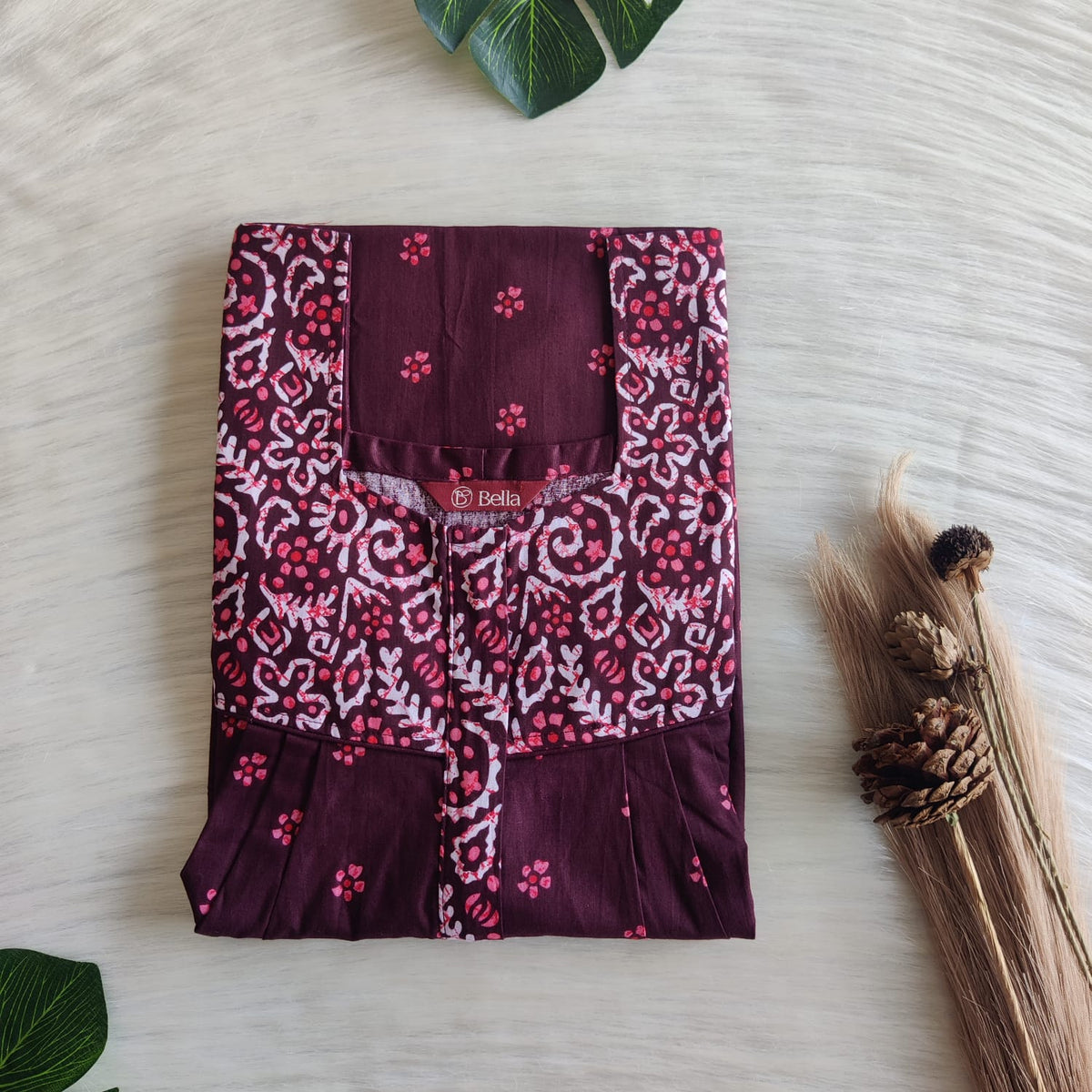 White And Maroon Printed Premium Cotton Square Neck Pleated Nighty | Free Size | Chest Width 44″| Length 55″-56″