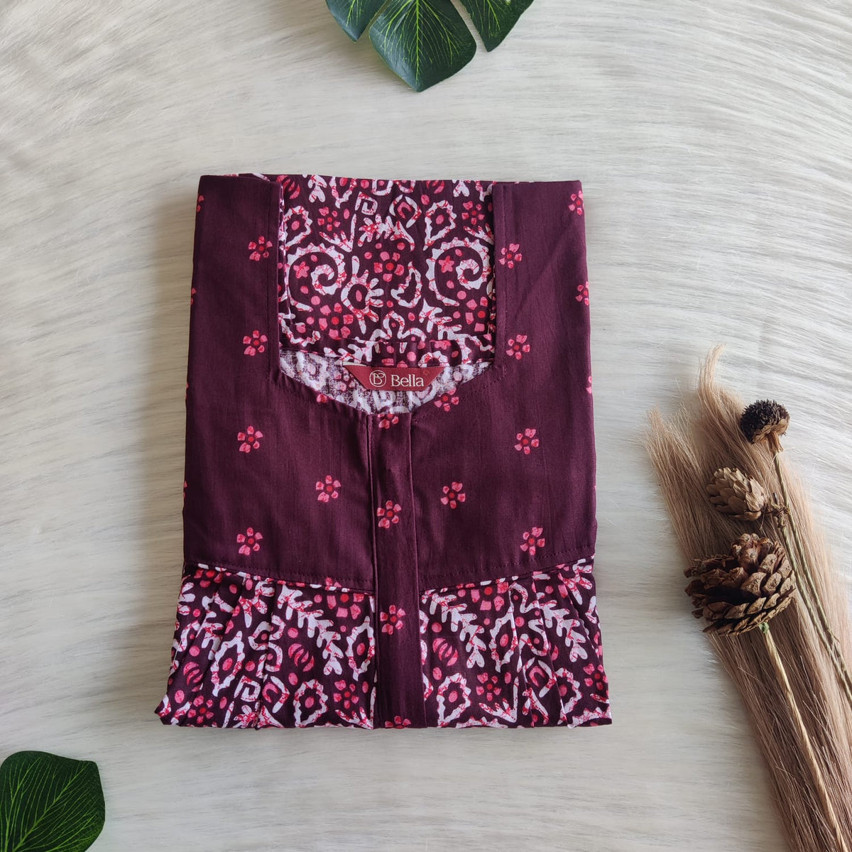 Maroon And White Floral  Printed Premium Cotton Square Neck Pleated Nighty | Free Size | Chest Width 44″| Length 55″-56″