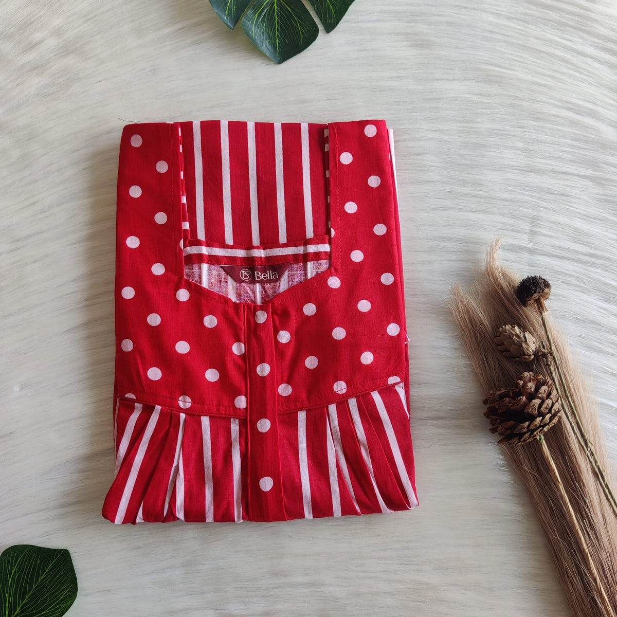 Red And White Stripes Printed Premium Cotton Square Neck Pleated Nighty | Free Size | Chest Width 44″| Length 55″-56″