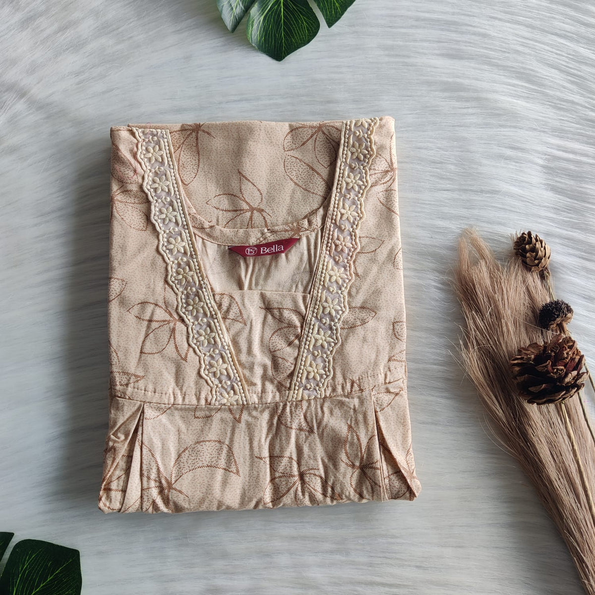 Beige Printed Rayon Two Side Vertical Lace Zip Feeding Nighty | Free Size | Chest Width 44″| Length 56″