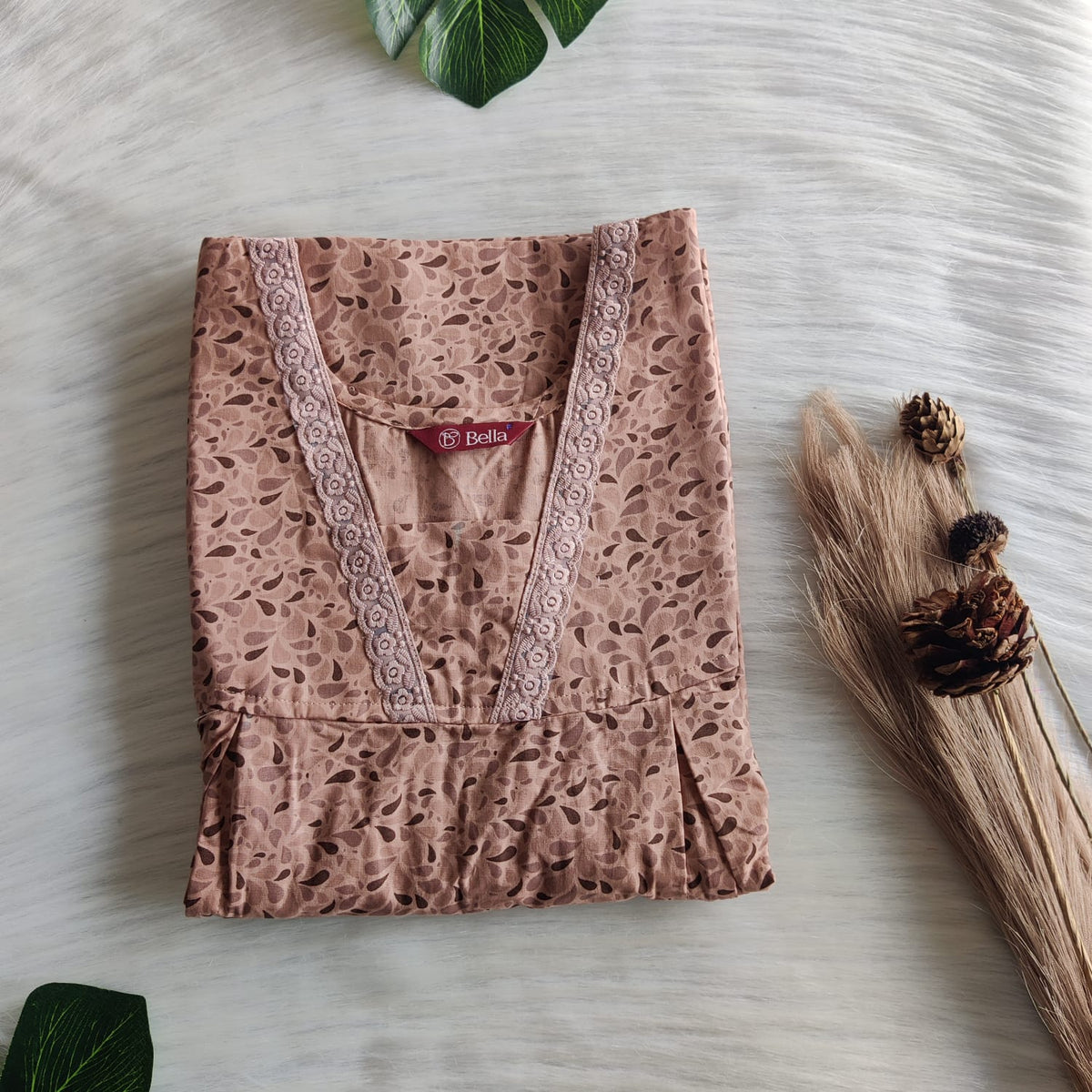 Brown Leaf Printed Pure Cotton Plus Size Two Side Vertical Lace Zip Feeding Nighty | Chest Width 50″| Length 56″
